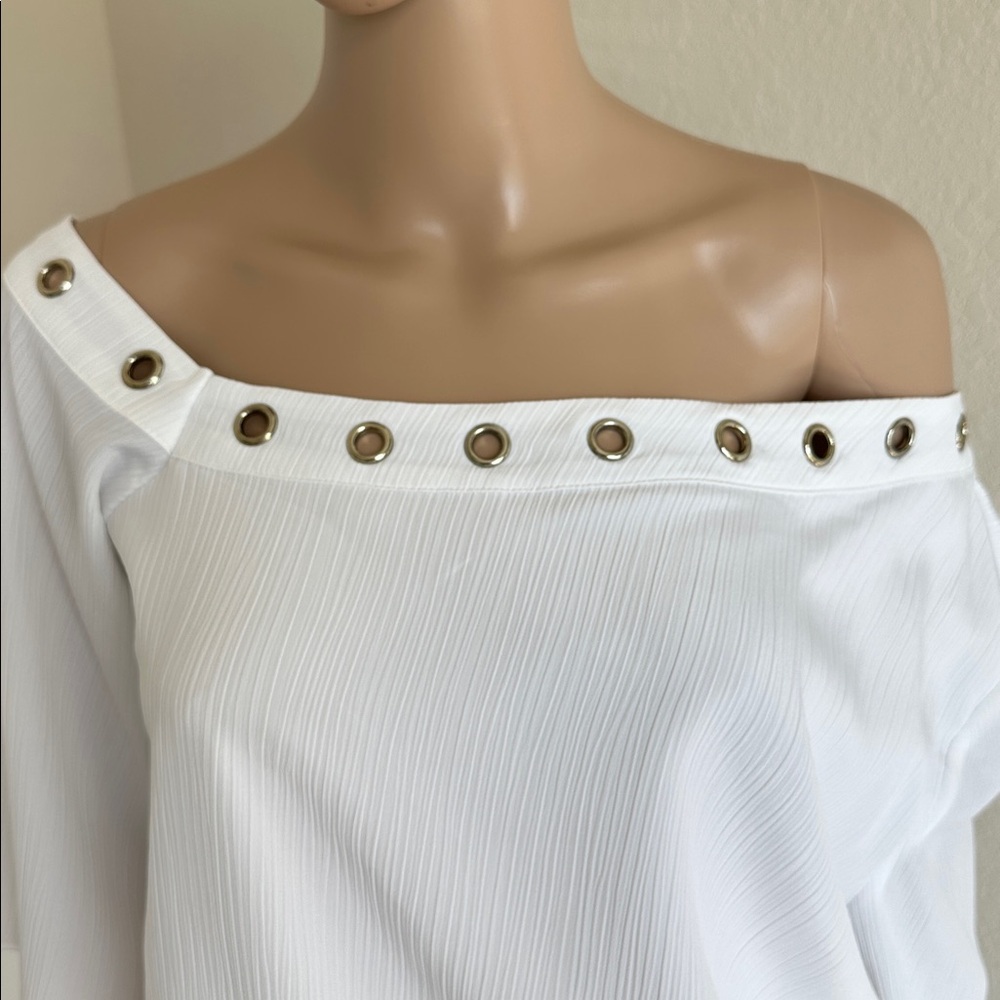 Jennifer Lopez Off-Shoulder White Grommet-Trim Blouse Size Large - Picture 5 of 16
